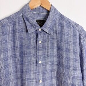 NWOT Jos. A. Bank Men's Linen Short Sleeves Button Down Blue Glen Plaid Medium